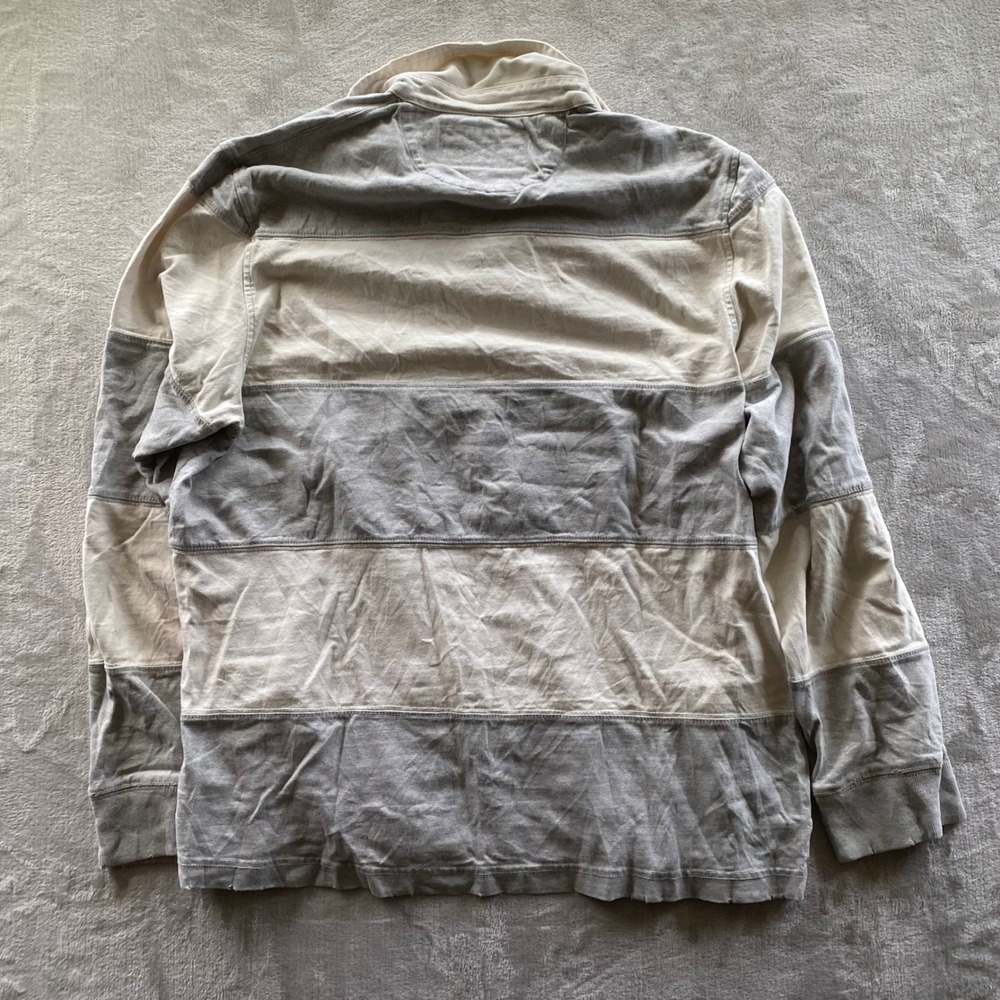 American Eagle Mens Rugby Shirt Large Gray Cream Striped Long Sleeve Polo Cotton - Picture 3 of 5
